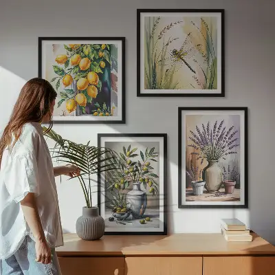Olivenblomster i vaser naturfarvet billedsæt med ramme