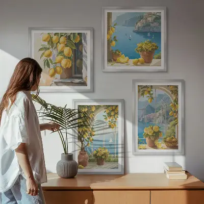 Billedsæt med ramme havlandskaber, citroner og vinduer