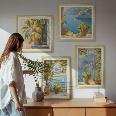 Billedsæt med ramme havlandskaber, citroner og vinduer