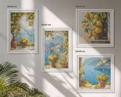 Billedsæt med ramme havlandskaber, citroner og vinduer