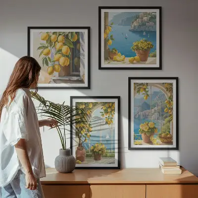 Billedsæt med ramme havlandskaber, citroner og vinduer