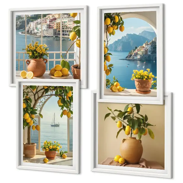 Billedvæg over sofa med motiv af hav, citroner og blomster