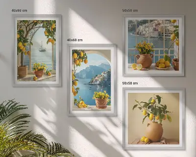 Billedvæg over sofa med motiv af hav, citroner og blomster