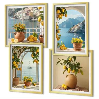 Billedvæg over sofa med motiv af hav, citroner og blomster
