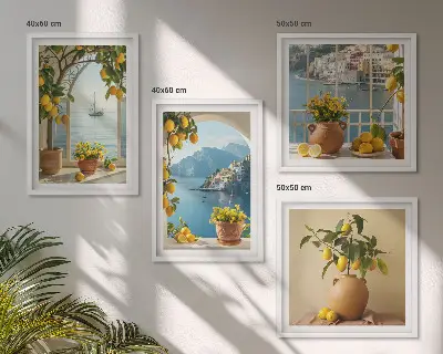 Billedvæg over sofa med motiv af hav, citroner og blomster