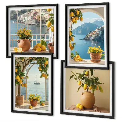 Billedvæg over sofa med motiv af hav, citroner og blomster