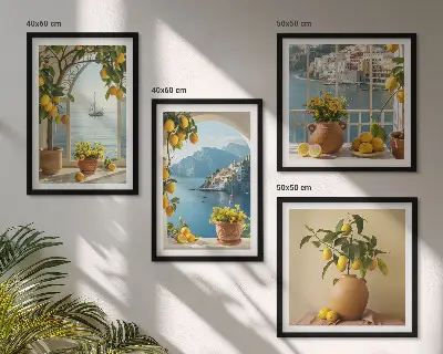 Billedvæg over sofa med motiv af hav, citroner og blomster
