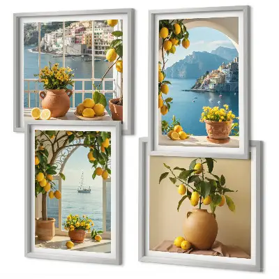 Billedvæg over sofa med motiv af hav, citroner og blomster