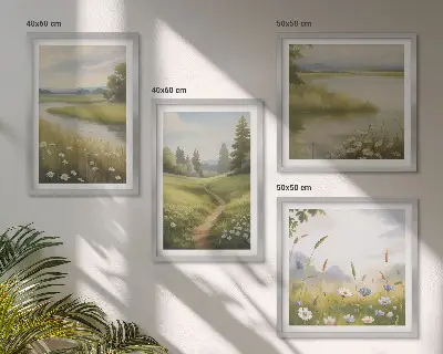 Billedsæt med ramme med motiv af forårslandskab ved flodeng