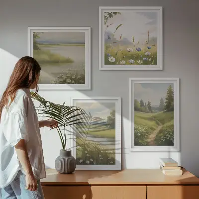 Billedsæt med ramme med motiv af forårslandskab ved flodeng