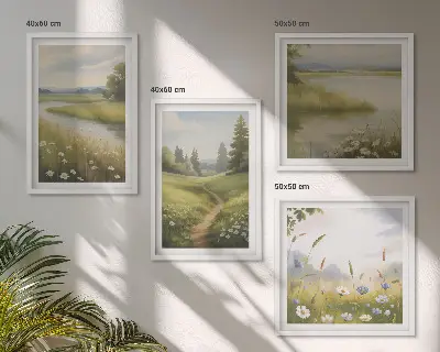 Billedsæt med ramme med motiv af forårslandskab ved flodeng