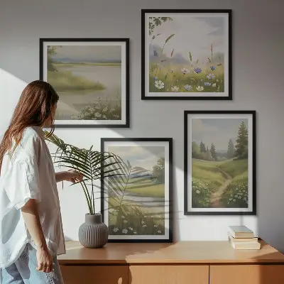 Billedsæt med ramme med motiv af forårslandskab ved flodeng