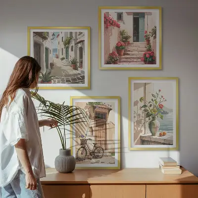 Billedsæt med ramme motiv af gader, blomster og cykel