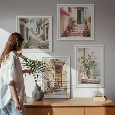 Billedsæt med ramme motiv af gader, blomster og cykel