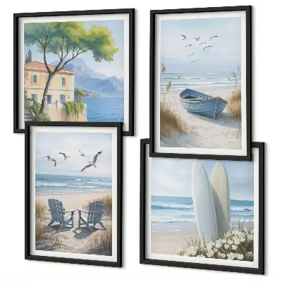 Billedvæg over sofa med motiv af strandbrætter, surfbåd og fugle