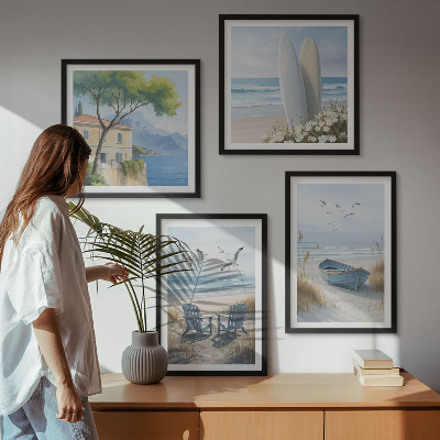 Billedvæg over sofa Strandbrætter surfbåd fugle