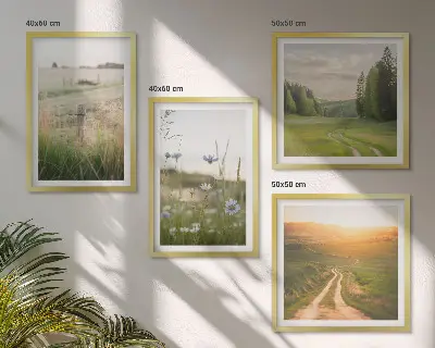 Billedvæg med landskabsmotiv natur med marker og sol over sofa