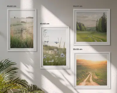 Billedvæg med landskabsmotiv natur med marker og sol over sofa