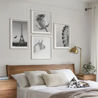 Billedsæt med ramme med motiver af rose, eiffeltårn, hest og pariserhjul i sort-hvid