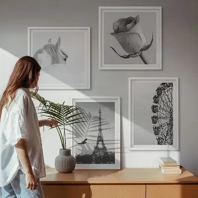 Billedsæt med ramme med motiver af rose, eiffeltårn, hest og pariserhjul i sort-hvid