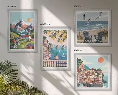 Billedvæg over sofa med farverige bjerge og kystbyer