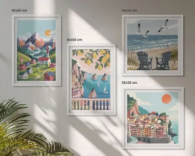 Billedvæg over sofa med farverige bjerge og kystbyer