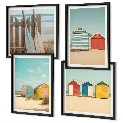 Billedsæt med ramme farverige huse, strand og sol