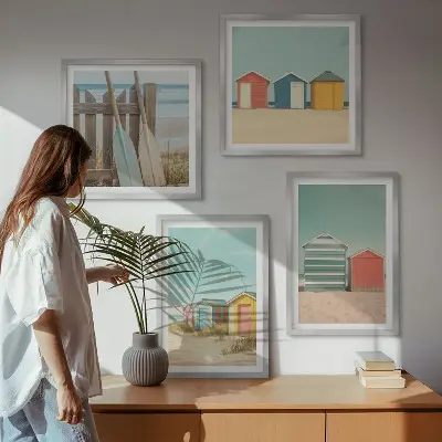 Farverige strandhuse billedvæg til over sofaen