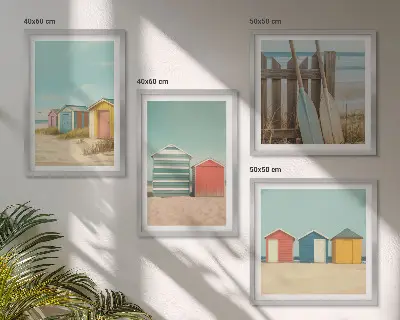 Farverige strandhuse billedvæg til over sofaen