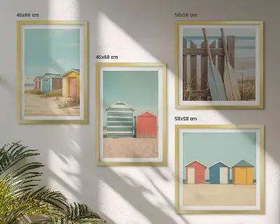 Farverige strandhuse billedvæg til over sofaen