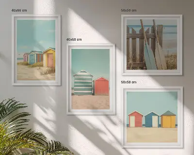 Farverige strandhuse billedvæg til over sofaen
