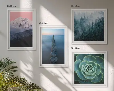 Billedsæt med ramme med motiv af bjerge, lyserød himmel, vand og sukkulent