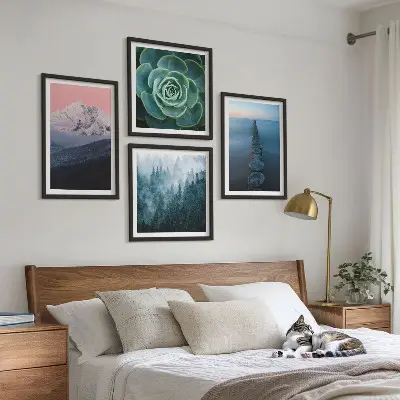 Billedsæt med ramme med motiv af bjerge, lyserød himmel, vand og sukkulent