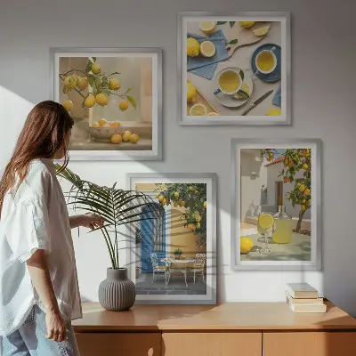 Billedsæt med ramme citroner og limonade med blå dør