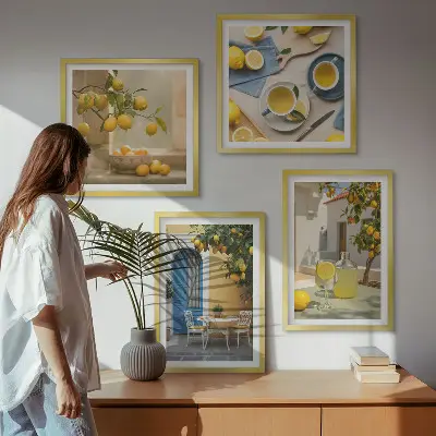 Billedsæt med ramme citroner og limonade med blå dør