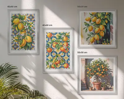 Billedvæg over sofa med farverige abstrakte citrusfrugter