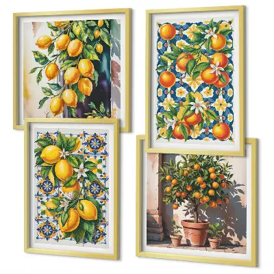 Billedvæg over sofa med farverige abstrakte citrusfrugter