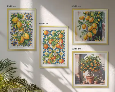 Billedvæg over sofa med farverige abstrakte citrusfrugter
