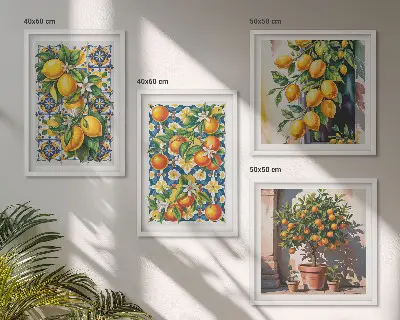 Billedvæg over sofa med farverige abstrakte citrusfrugter