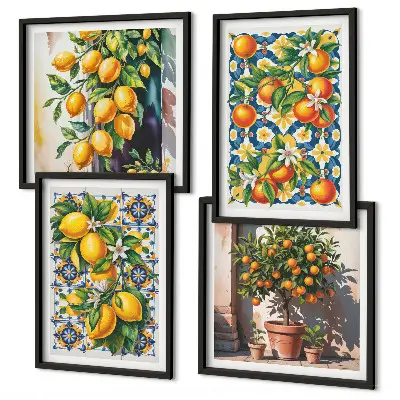 Billedvæg over sofa med farverige abstrakte citrusfrugter