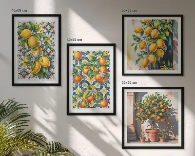 Billedvæg over sofa med farverige abstrakte citrusfrugter