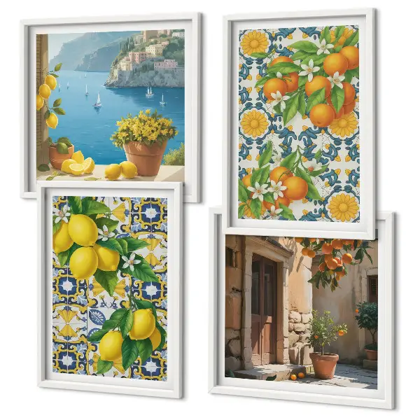 Billedsæt med ramme med motiver af citroner, blomster og appelsiner fra Italien