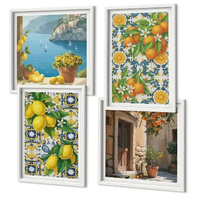 Billedsæt med ramme med motiver af citroner, blomster og appelsiner fra Italien
