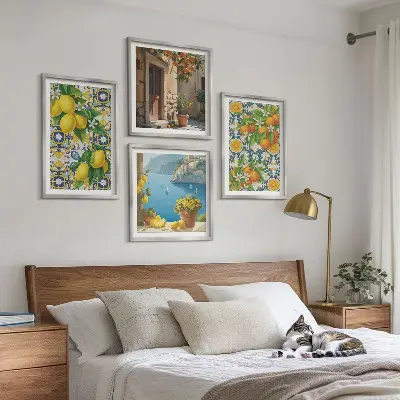 Billedsæt med ramme med motiver af citroner, blomster og appelsiner fra Italien