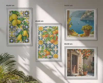 Billedsæt med ramme med motiver af citroner, blomster og appelsiner fra Italien