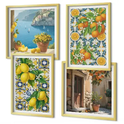 Billedsæt med ramme med motiver af citroner, blomster og appelsiner fra Italien