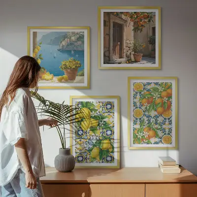 Billedsæt med ramme med motiver af citroner, blomster og appelsiner fra Italien