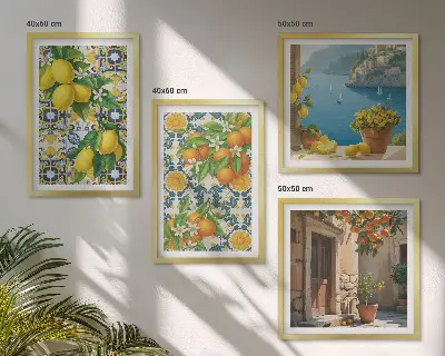 Billedsæt med ramme med motiver af citroner, blomster og appelsiner fra Italien