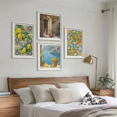 Billedsæt med ramme med motiver af citroner, blomster og appelsiner fra Italien