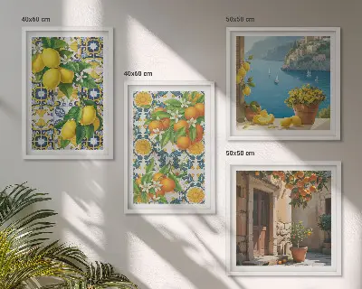 Billedsæt med ramme med motiver af citroner, blomster og appelsiner fra Italien